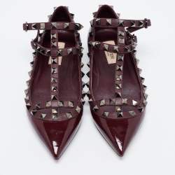 Pre Owned Valentino Burgundy Patent Leather Rockstud Ankle Strap Ballet Flats Size 35