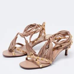 Pre Owned Valentino Beige Leather Rockstud Ankle Wrap Sandals Size 38.5