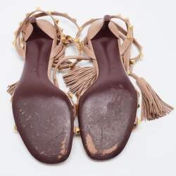 Pre Owned Valentino Beige Leather Rockstud Ankle Wrap Sandals Size 38.5