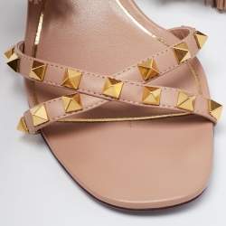Pre Owned Valentino Beige Leather Rockstud Ankle Wrap Sandals Size 38.5