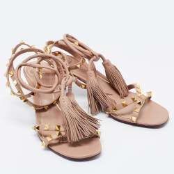 Pre Owned Valentino Beige Leather Rockstud Ankle Wrap Sandals Size 38.5