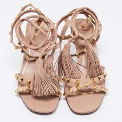 Pre Owned Valentino Beige Leather Rockstud Ankle Wrap Sandals Size 38.5