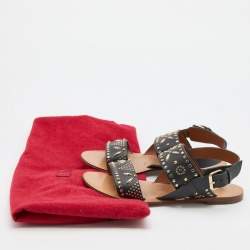 Pre Owned Valentino Black Embellished Leather Ankle Strap Flats Size 36