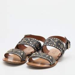 Pre Owned Valentino Black Embellished Leather Ankle Strap Flats Size 36