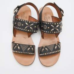 Pre Owned Valentino Black Embellished Leather Ankle Strap Flats Size 36