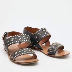 Pre Owned Valentino Black Embellished Leather Ankle Strap Flats Size 36