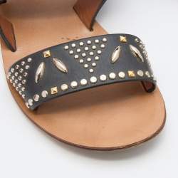 Pre Owned Valentino Black Embellished Leather Ankle Strap Flats Size 36