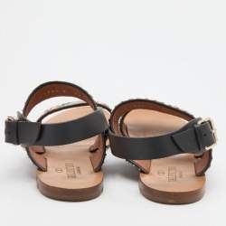 Pre Owned Valentino Black Embellished Leather Ankle Strap Flats Size 36