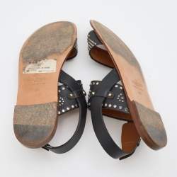 Pre Owned Valentino Black Embellished Leather Ankle Strap Flats Size 36