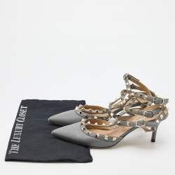 Pre Owned Valentino Grey Leather Rockstud Caged Pointed Toe Pumps Size 37.5