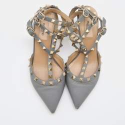 Pre Owned Valentino Grey Leather Rockstud Caged Pointed Toe Pumps Size 37.5