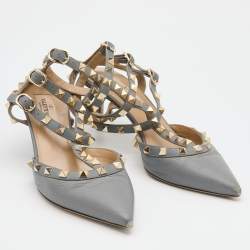 Pre Owned Valentino Grey Leather Rockstud Caged Pointed Toe Pumps Size 37.5