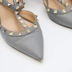 Pre Owned Valentino Grey Leather Rockstud Caged Pointed Toe Pumps Size 37.5