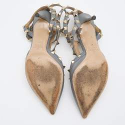 Pre Owned Valentino Grey Leather Rockstud Caged Pointed Toe Pumps Size 37.5