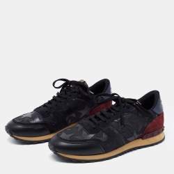 Pre Owned Valentino Black/Burgundy Camouflage Canvas and Leather Star Embellished Slip On Sneakers Size 41