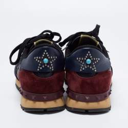 Pre Owned Valentino Black/Burgundy Camouflage Canvas and Leather Star Embellished Slip On Sneakers Size 41