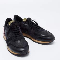 Pre Owned Valentino Black/Burgundy Camouflage Canvas and Leather Star Embellished Slip On Sneakers Size 41