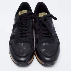 Pre Owned Valentino Black/Burgundy Camouflage Canvas and Leather Star Embellished Slip On Sneakers Size 41