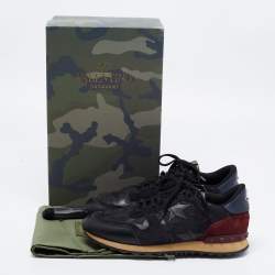 Pre Owned Valentino Black/Burgundy Camouflage Canvas and Leather Star Embellished Slip On Sneakers Size 41