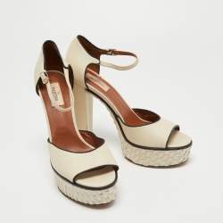 Pre Owned Valentino Cream Leather Platform Ankle Strap  Pumps Size 40.5