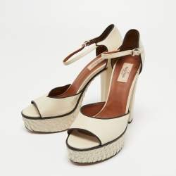 Pre Owned Valentino Cream Leather Platform Ankle Strap  Pumps Size 40.5