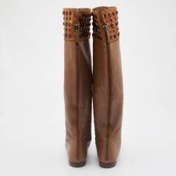 Valentino Brown Leather and Suede Crystal Embellished Knee Length Boots Size 39