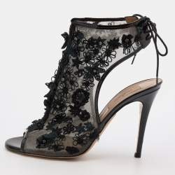 Pre Owned Valentino Black Mesh Flower Embellished Open Toe Ankle Booties Size 37.5