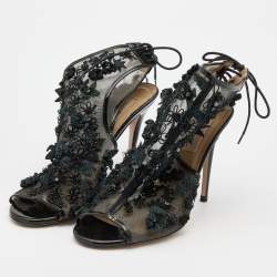 Pre Owned Valentino Black Mesh Flower Embellished Open Toe Ankle Booties Size 37.5