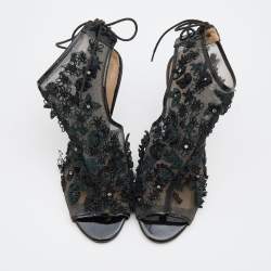 Pre Owned Valentino Black Mesh Flower Embellished Open Toe Ankle Booties Size 37.5