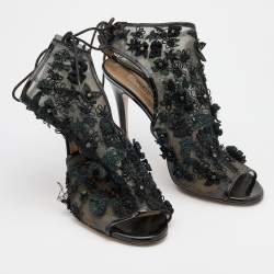 Pre Owned Valentino Black Mesh Flower Embellished Open Toe Ankle Booties Size 37.5
