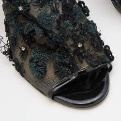 Pre Owned Valentino Black Mesh Flower Embellished Open Toe Ankle Booties Size 37.5