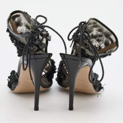 Pre Owned Valentino Black Mesh Flower Embellished Open Toe Ankle Booties Size 37.5