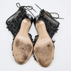 Pre Owned Valentino Black Mesh Flower Embellished Open Toe Ankle Booties Size 37.5