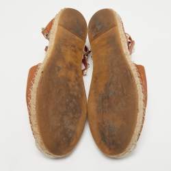 Pre Owned Valentino Brown Leather Rockstud Ankle Strap Espadrille Flats Size 37