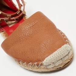 Pre Owned Valentino Brown Leather Rockstud Ankle Strap Espadrille Flats Size 37