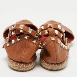 Pre Owned Valentino Brown Leather Rockstud Ankle Strap Espadrille Flats Size 37