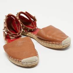 Pre Owned Valentino Brown Leather Rockstud Ankle Strap Espadrille Flats Size 37