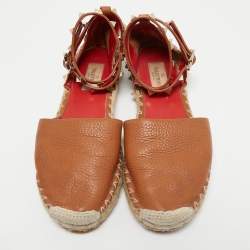 Pre Owned Valentino Brown Leather Rockstud Ankle Strap Espadrille Flats Size 37