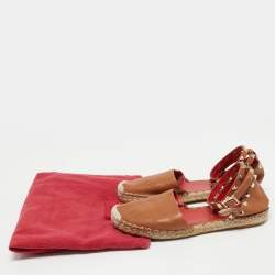 Pre Owned Valentino Brown Leather Rockstud Ankle Strap Espadrille Flats Size 37