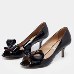 Pre Owned Valentino Black Patent Leather Bow Open Toe Pumps Size 35