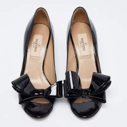Pre Owned Valentino Black Patent Leather Bow Open Toe Pumps Size 35