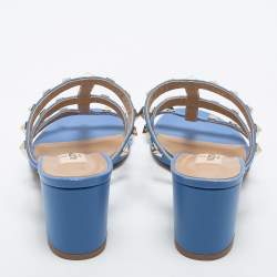 مملوكة مسبقًا Valentino Blue Leather Rockstud Slide Sandals Size 37.5
