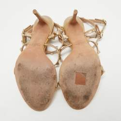 Pre Owned Valentino Gold Leather Rockstud Ankle Strap Sandals Size 39.5