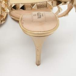 Pre Owned Valentino Gold Leather Rockstud Ankle Strap Sandals Size 39.5
