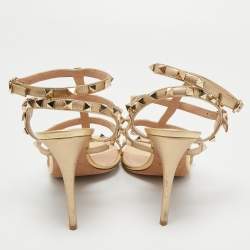 Pre Owned Valentino Gold Leather Rockstud Ankle Strap Sandals Size 39.5