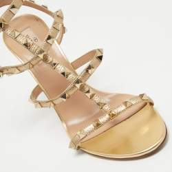 Pre Owned Valentino Gold Leather Rockstud Ankle Strap Sandals Size 39.5