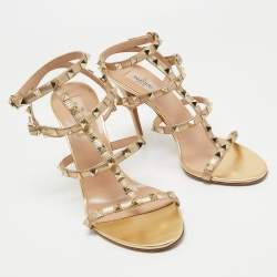 Pre Owned Valentino Gold Leather Rockstud Ankle Strap Sandals Size 39.5