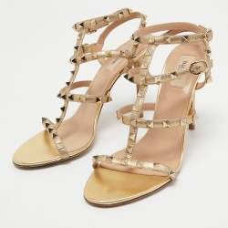 Pre Owned Valentino Gold Leather Rockstud Ankle Strap Sandals Size 39.5