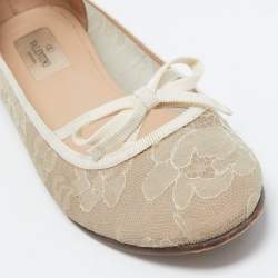 Pre Owned Valentino Beige Lace  and Leather Ballet Flats Size 38.5