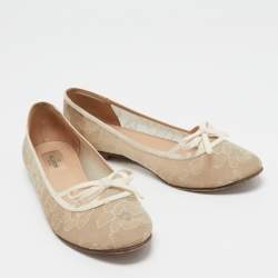 Pre Owned Valentino Beige Lace  and Leather Ballet Flats Size 38.5